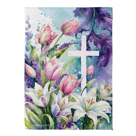 Evergreen Garden Flag Tulip and Easter Lily Cross Suede
