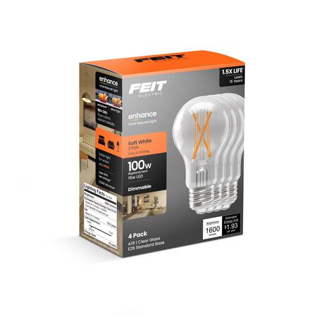 Feit A19 E26 (Medium) Filament LED Bulb Soft White 100 Watt Equivalence 4 Pack