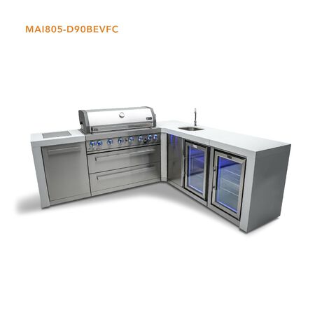 Mont Alpi 6-Burner Deluxe island with 90-degree corner,beverage center nad fridge cabinet