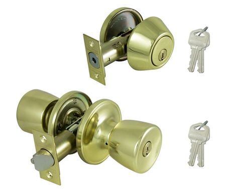 ProSource BS7B1-PS Deadbolt and Entry Lockset, Turnbutton Lock, Knob Handle, Tulip Design, Polished Brass, 3 Grade, Pack of 2