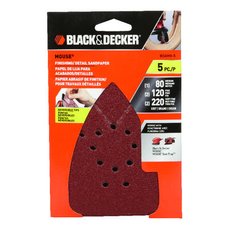 Black+Decker Mouse 5-1/4 in. L X 3-3/4 in. W 80/120/220 Grit Aluminum Oxide Sandpaper 5 pk