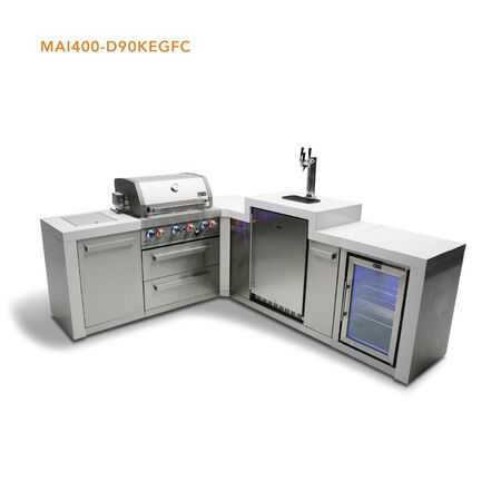 Mont Alpi 4-burner Deluxe Island with a 90-degree corner, kegerator, and fridge cabinet