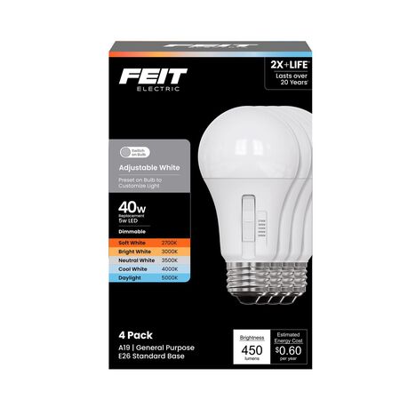 Feit A19 E26 (Medium) LED Bulb Adjustable White 40 Watt Equivalence 4 Pack
