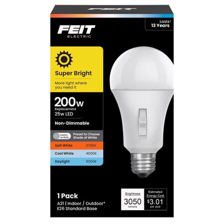 Feit A21 E26 (Medium) LED Bulb Adjustable White 200 Watt Equivalence 1 pk