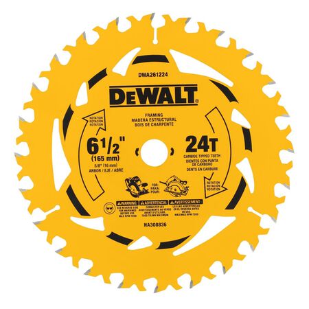 DeWalt 6-1/2 in. D X 5/8 in. Tungsten Carbide Tipped Circular Saw Blade 24 teeth 1 Pack