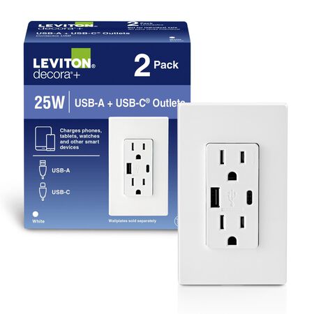 Leviton Decora 15 amps Type A/C Duplex White Outlet and USB Charger 5-15 R 2 pk