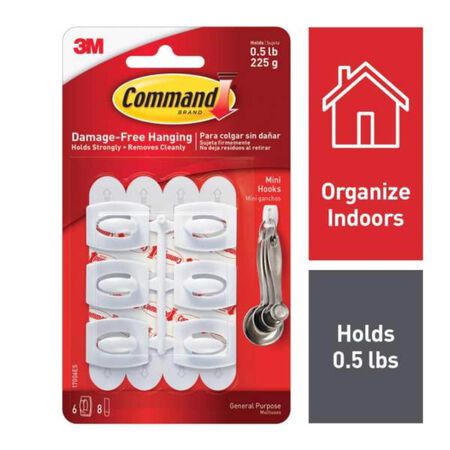 3M Command Mini Plastic Hook 1.08 in. L 6 pk