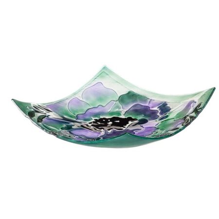 Evergreen 16.5 in. Hand Painted Embossed Square Glass Bird Bath, Purple Geranium