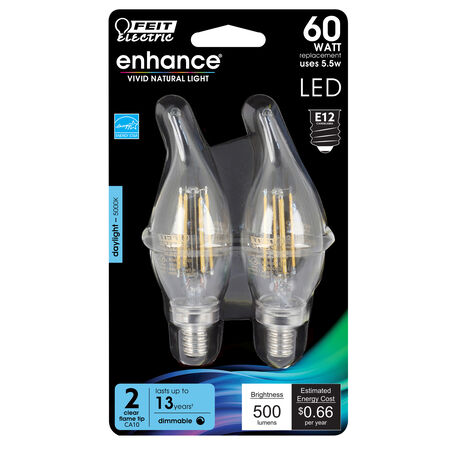 Feit Electric Enhance CA10 (Flame Tip) E12 (Candelabra) LED Bulb Daylight 60 W 2 pk