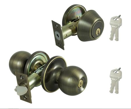 ProSource B38B1-PS Deadbolt and Entry Lockset, Turnbutton Lock, Saturn Design, Antique Brass, 3 Grade, Brass, Pack of 2