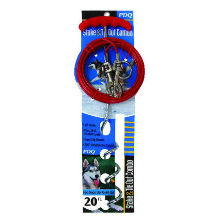 PDQ Boss Pet Silver / Red Vinyl Coated Cable Dog Tie Out Stake Large
