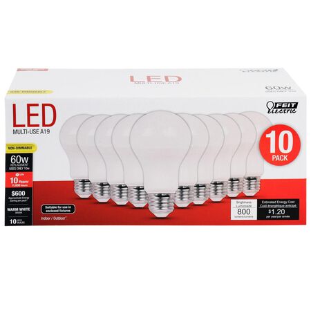 Feit A19 E26 (Medium) LED Bulb Warm White 60 Watt Equivalence 10 pk