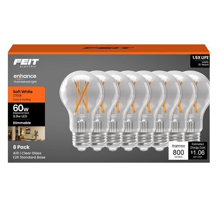 Feit A19 E26 (Medium) Filament LED Bulb Soft White 60 Watt Equivalence 8 Pack
