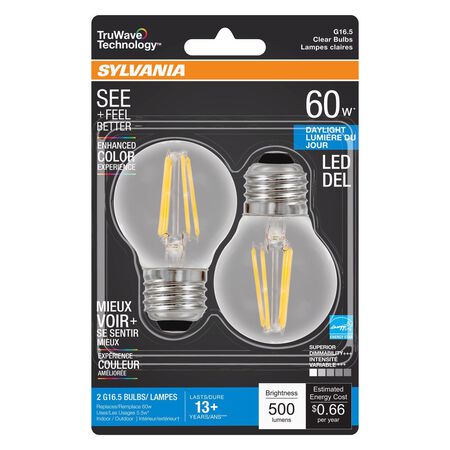 Sylvania Truwave G16.5 E26 (Medium) LED Bulb Daylight 60 Watt Equivalence 2 pk
