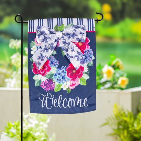 Evergreen Chinoiserie Bow Floral Wreath Applique Garden Flag