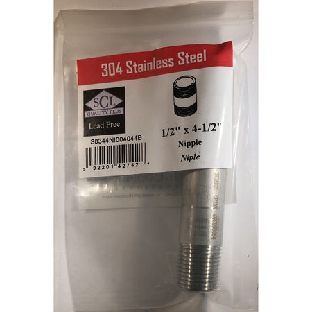 Smith-Cooper 1/2 in. MPT X 1/2 in. D MPT Stainless Steel 4-1/2 in. L Nipple