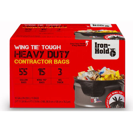 Iron-Hold 55 gal Contractor Bags Wing Ties 15 pk 3 mil