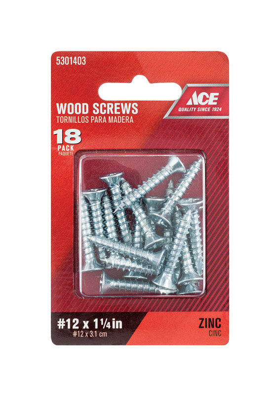 Ace Flat Wood Screw No. 12 x 11/4 in. L Zinc Steel 18 pk Stine Home