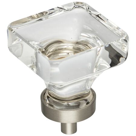 1-3/8" Overall Length Glass Square Cabinet Knob Satin Nickel
