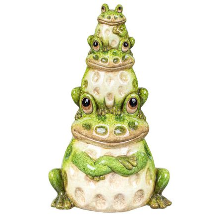 Evergreen Pollinator Garden Statue, Ceramic Stacked Frog Statue, 10.5 in. H