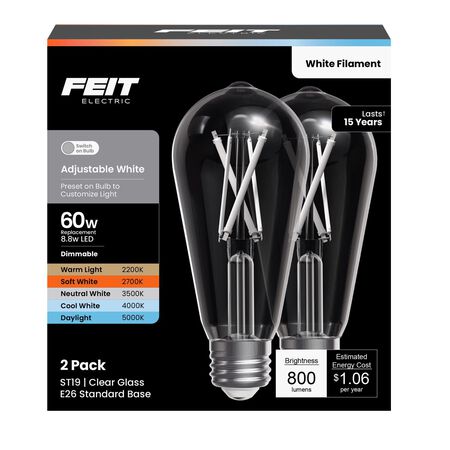 Feit ST19 E26 (Medium) Filament LED Bulb Adjustable White 60 Watt Equivalence 2 pk