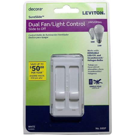 Leviton Decora SureSlide White Fan/LED Dimmer Slide Switch 1 pk
