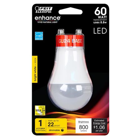Feit Enhance A19 GU24 LED Bulb Bright White 60 Watt Equivalence 1 pk