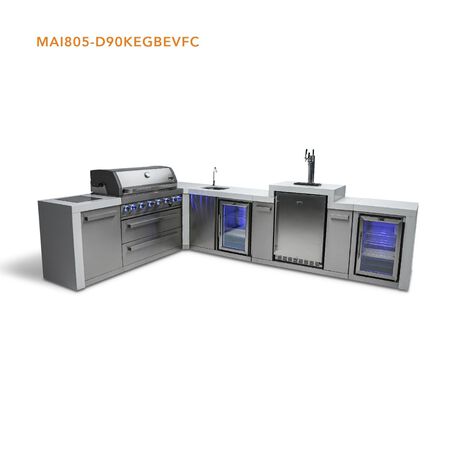 Mont Alpi 6-burner Deluxe Island with a 90-degree corner, kegerator, beverage center and fridge cabinet