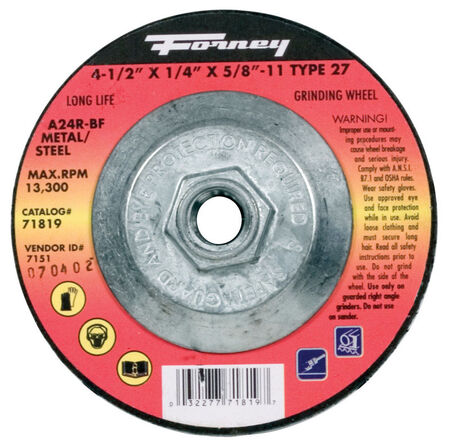 Forney 4-1/2 in. D X 1/4 in. thick T X 5/8 in. in. S Metal Grinding Wheel 1 pc