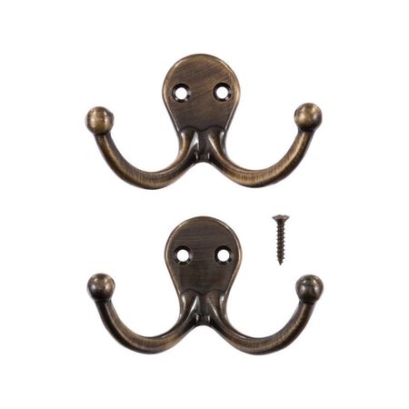 Ace 1-3/4 in. L Antique Brass Yellow Brass Small Double Garment Hook 2 pk