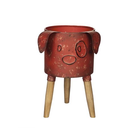 Evergreen Metal Dog Planter with Wooden Stand, 7.1 x 7.1 x 12.2 in.