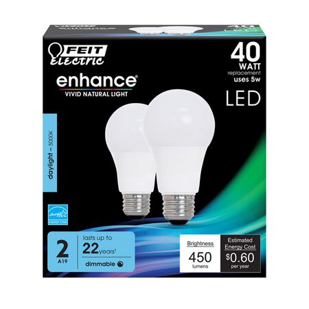 Feit Electric Enhance A19 E26 (Medium) LED Bulb Daylight 40 W 2 pk