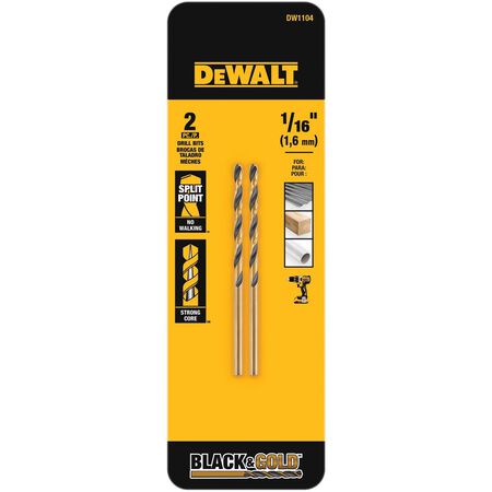 DeWalt Black & Gold 1/16 in. X 1.88 in. L High Speed Steel Drill Bit Straight Shank 2 pc
