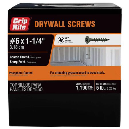 Grip-Rite No. 6 wire X 1-1/4 in. L Phillips Coarse Drywall Screws 5 lb 1290 pk