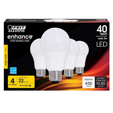 Feit Enhance A19 E26 (Medium) LED Bulb Bright White 40 Watt Equivalence 4 pk