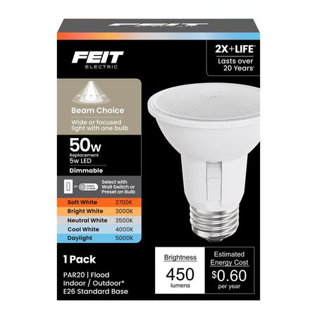 Feit PAR20 E26 (Medium) Smart-Enabled LED Bulb Adjustable White 50 Watt Equivalence 1 Pack