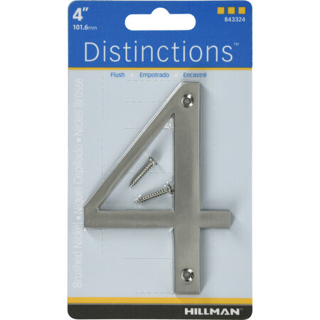 Hillman Distinctions 4 in. Silver Brushed Nickel Screw-On Number 4 1 pc