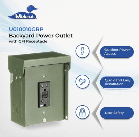 MIDWEST U010010GRP 20A Backyard Power Outlet • Single GFI Receptacle • Weather-Resistant Power Outlet with one 20A Duplex GFI Receptacle • Green Outdoor Metal Enclosure • Factory Assembled