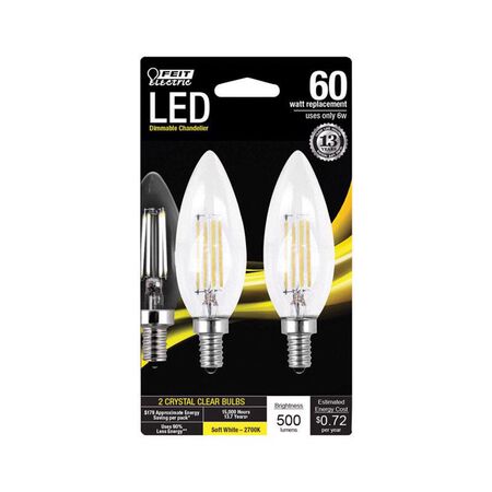 Feit Electric B10 E12 (Candelabra) LED Bulb Soft White 60 Watt Equivalence 2 pk