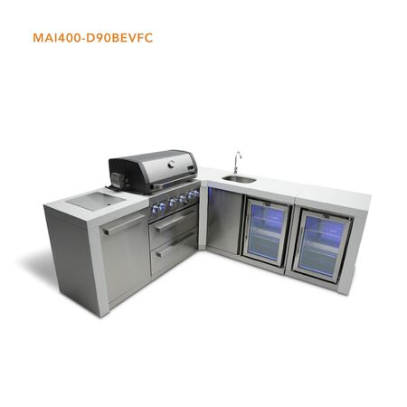 Mont Alpi 4-Burner Deluxe Island with a 90-degree corner, Beverage Center, and Fridge Cabinet