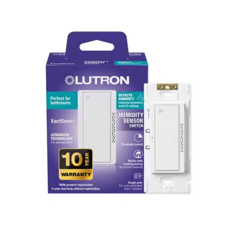 Lutron XactSense Humidity Sensor 3 amps Single Pole Bathroom Exhaust Smart-Enabled Switch White 1 Pack