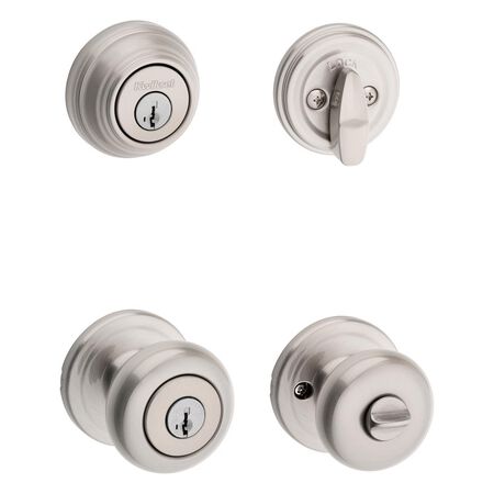 Kwikset SmartKey Juno Satin Nickel Deadbolt and Entry Door Knob KW1 1-3/4 in.