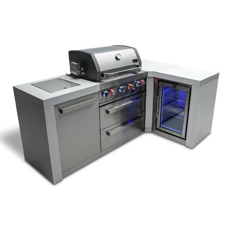 Mont Alpi 4-Burner Deluxe island with a 90-degree corner and a fridge cabinet