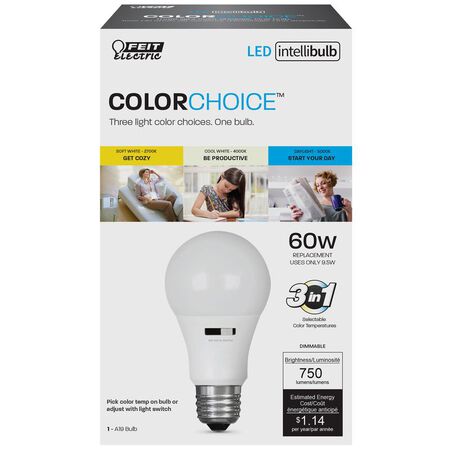 FEIT Electric Intellibulb COLORCHOICE LED Bulb 9.5 watts 750 lumens 2700/4000/5000 K A-Line A19