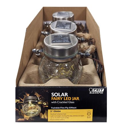 Feit Solar Fixtures 3.7 in. Solar Power Glass Round Coach Lantern Clear Crackle Jar w/Fairy Lights