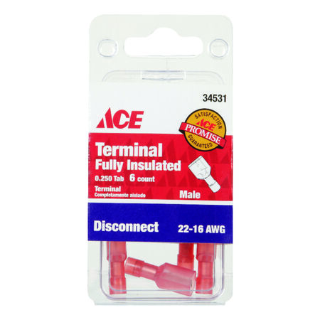 Ace 22-16 AWG Insulated Wire Male Disconnect Red 6 pk