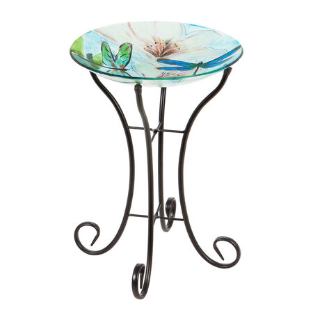 16” glass birdbath w/stand dragonfly