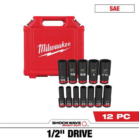 Milwaukee 12 Pieces SHOCKWAVE Impact Duty 1/2 in. Drive SAE Deep 6 Point Socket Set