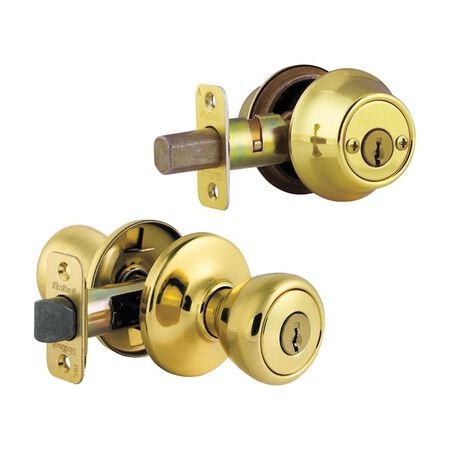 Kwikset Tylo Polished Brass Deadbolt and Entry Door Knob 1-3/4 in.
