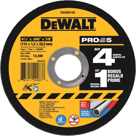 DeWalt 4-1/2 in. D X 7/8 in. X.045 in. thick Cutting/Grinding Wheel 5 pk